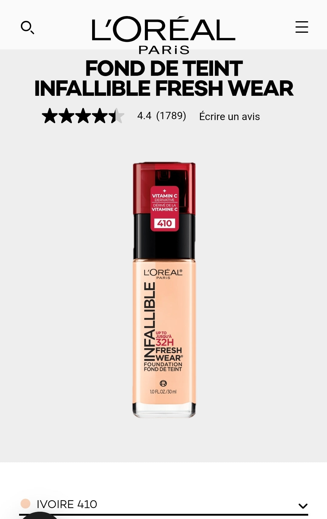 Fond de teint L'Oréal Infaillible Fresh Wear, référence 410 Ivoire