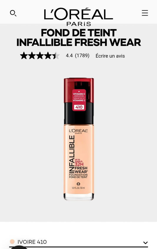 Fond de teint L'Oréal Infaillible Fresh Wear, référence 410 Ivoire
